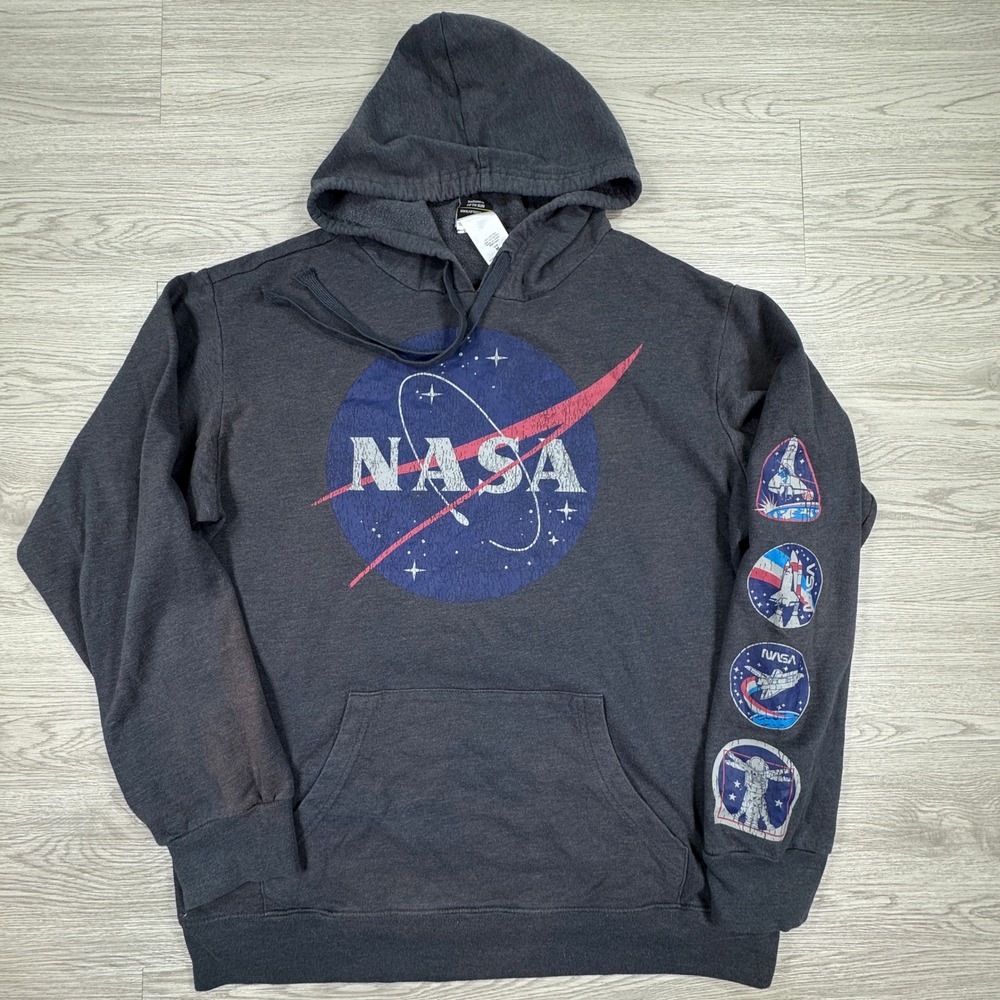 Fifth‎ Sun Mens Hoodie NASA Graphic Pullover Charcoal Grey Medium Space Patches